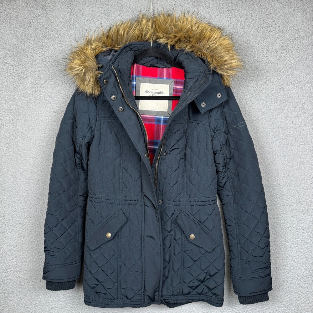 VTG Abercrombie Parka Women S Blue Plaid Lined Faux Fur Hood Preppy Quilted Y2K‎